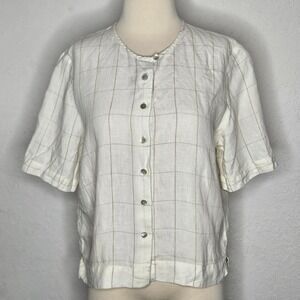 Jaeger Vintage 100% Linen Grid Button Front Blouse Short Sleeve Ivory Size 14
